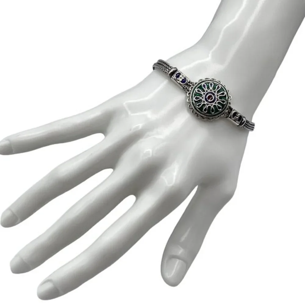 Oxidized Rare .825 Silver Enamel Chain Bracelet